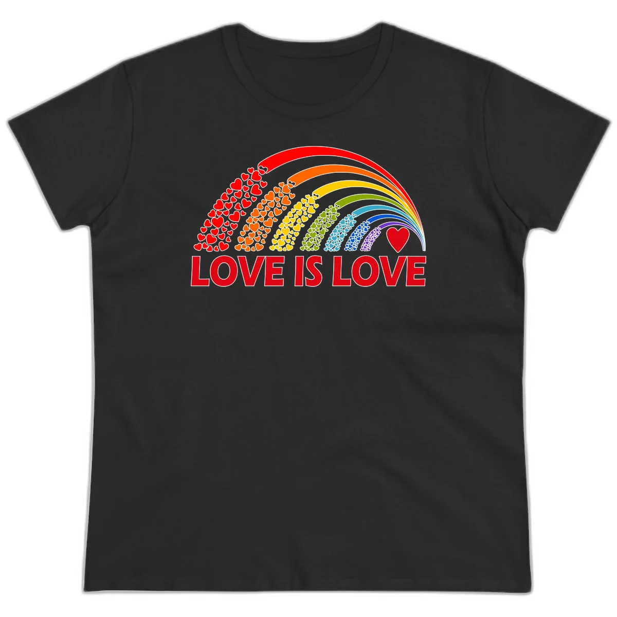 Rainbow arcs filled with colorful hearts in red, orange, yellow, green, cyan, blue, and purple, with 'LOVE IS LOVE' text below in Black