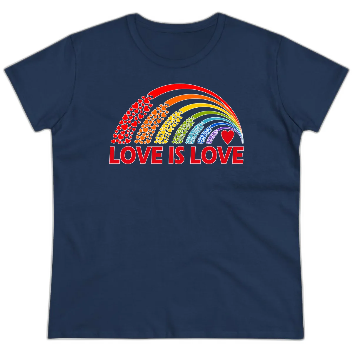Rainbow arcs filled with colorful hearts in red, orange, yellow, green, cyan, blue, and purple, with 'LOVE IS LOVE' text below in Navy