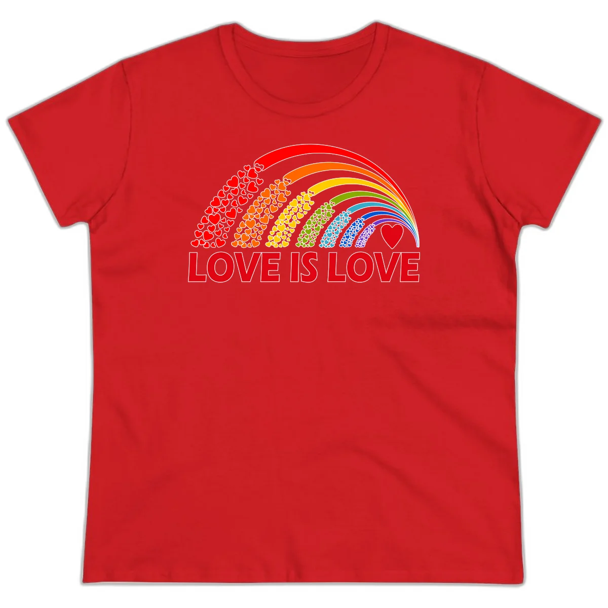 Rainbow arcs filled with colorful hearts in red, orange, yellow, green, cyan, blue, and purple, with 'LOVE IS LOVE' text below in Red