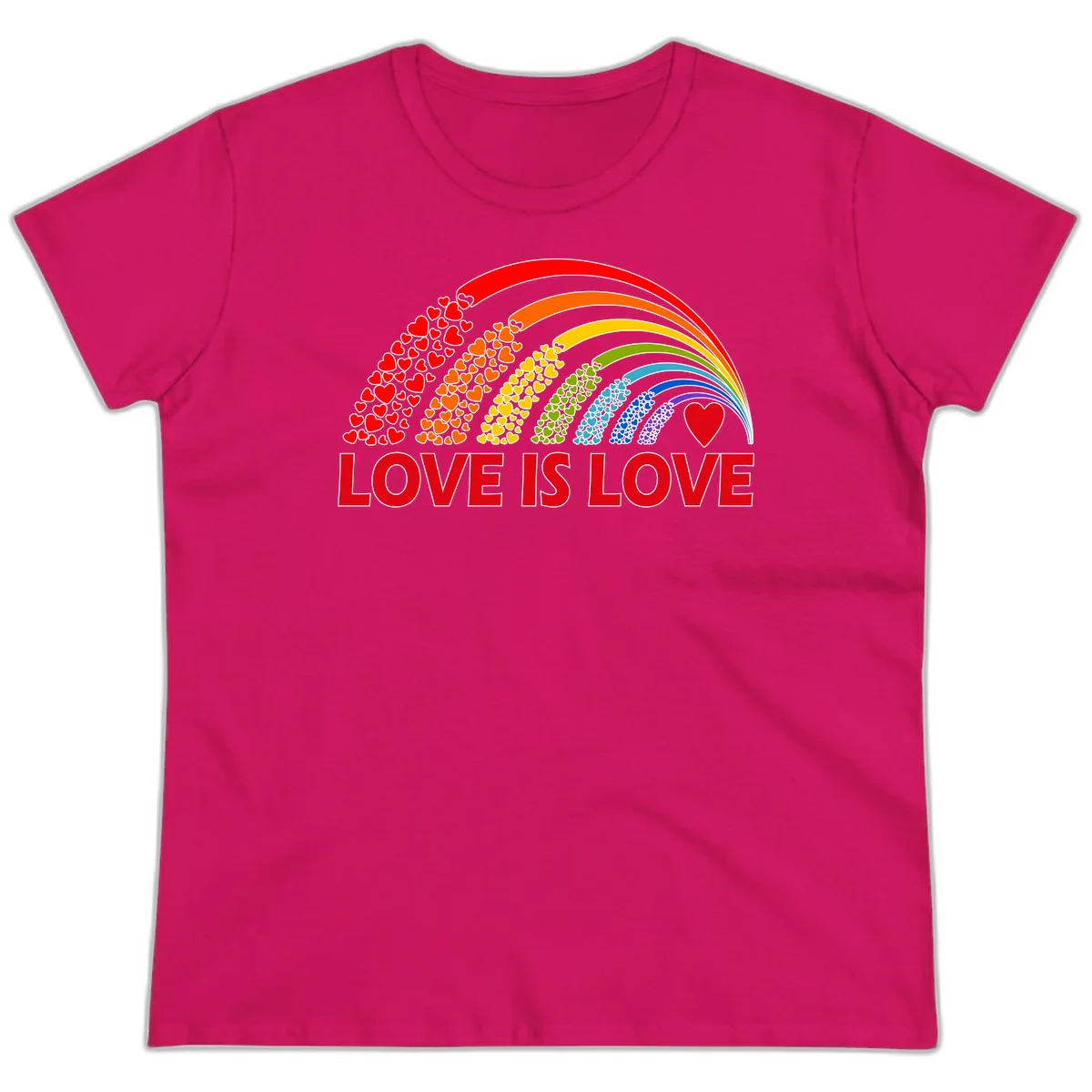 Rainbow arcs filled with colorful hearts in red, orange, yellow, green, cyan, blue, and purple, with 'LOVE IS LOVE' text below in Heliconia