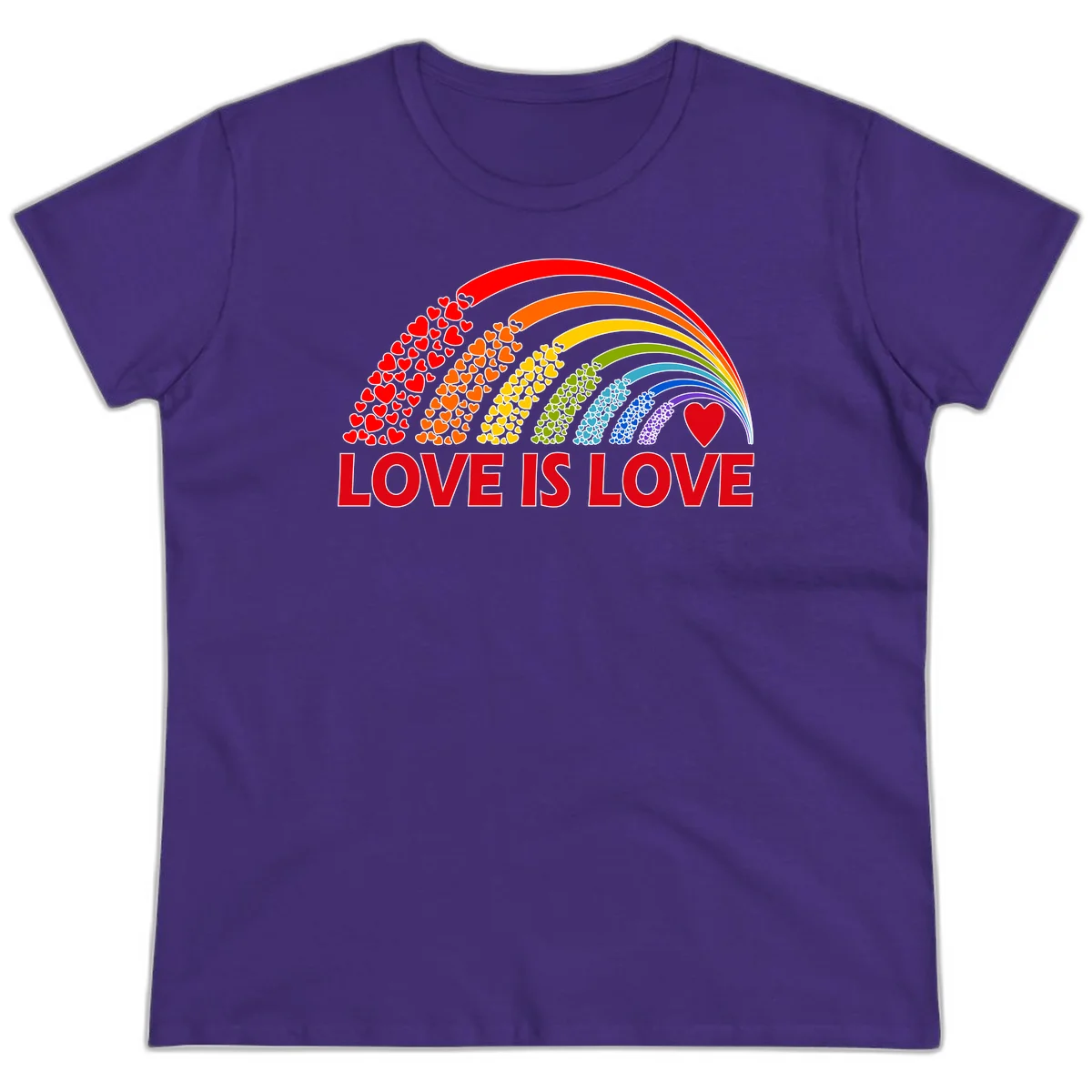 Rainbow arcs filled with colorful hearts in red, orange, yellow, green, cyan, blue, and purple, with 'LOVE IS LOVE' text below in Purple