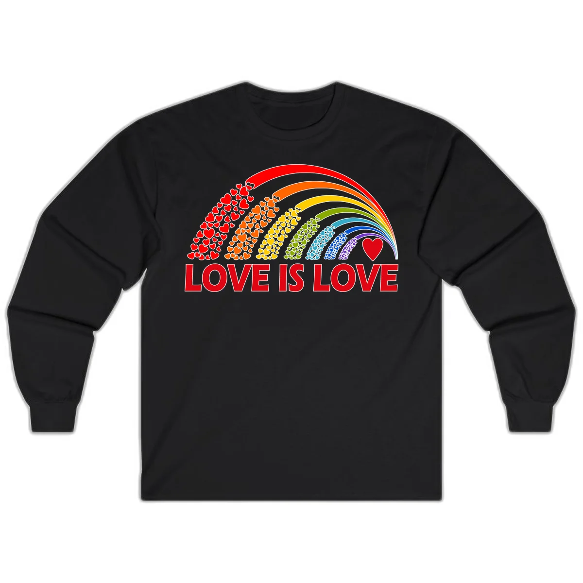 Rainbow arcs filled with colorful hearts in red, orange, yellow, green, cyan, blue, and purple, with 'LOVE IS LOVE' text below in Black