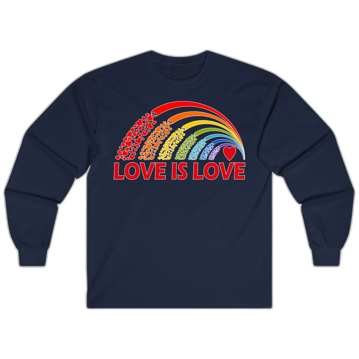 Rainbow arcs filled with colorful hearts in red, orange, yellow, green, cyan, blue, and purple, with 'LOVE IS LOVE' text below in Navy