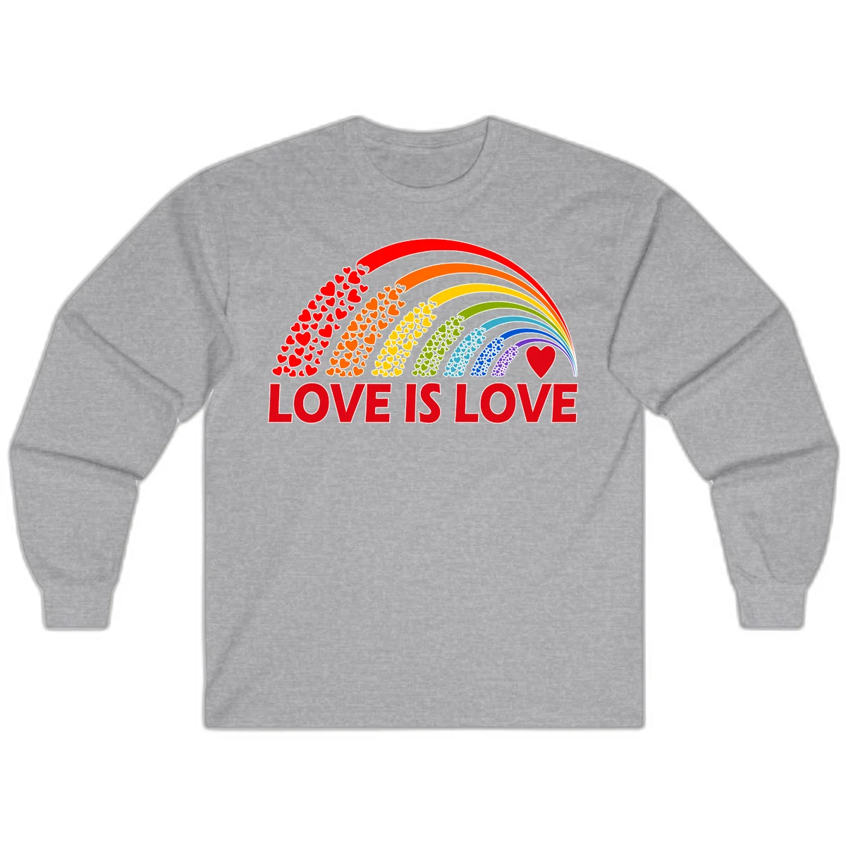 Rainbow arcs filled with colorful hearts in red, orange, yellow, green, cyan, blue, and purple, with 'LOVE IS LOVE' text below in Sport Grey