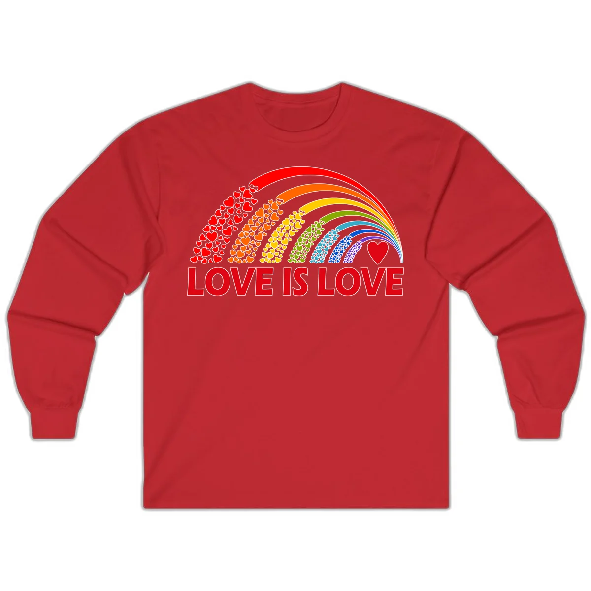 Rainbow arcs filled with colorful hearts in red, orange, yellow, green, cyan, blue, and purple, with 'LOVE IS LOVE' text below in Red