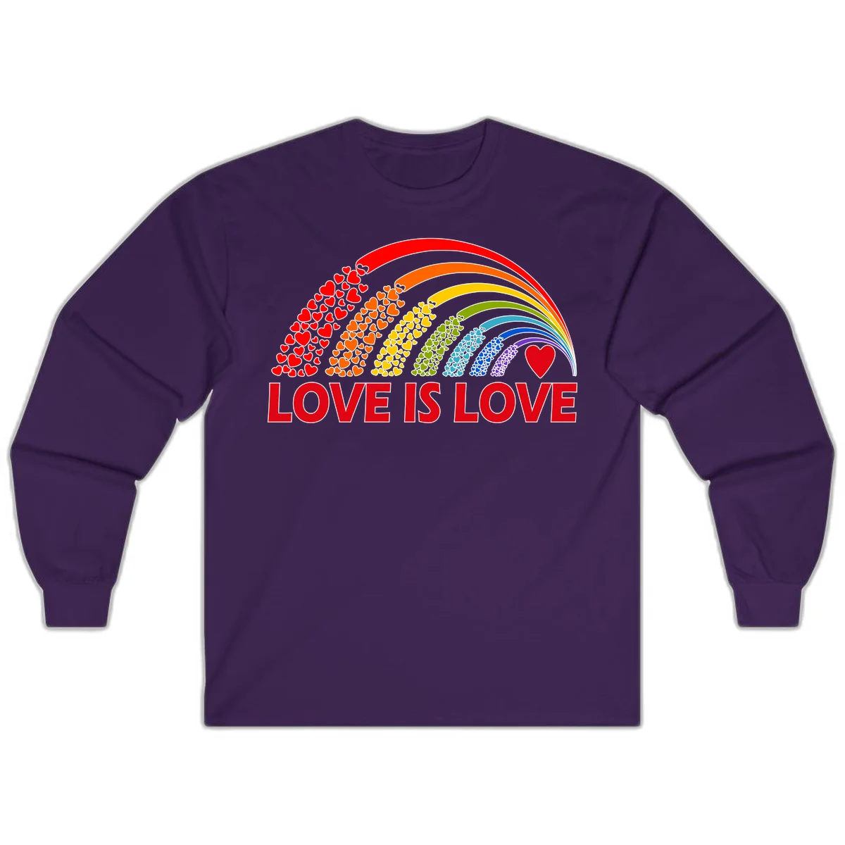 Rainbow arcs filled with colorful hearts in red, orange, yellow, green, cyan, blue, and purple, with 'LOVE IS LOVE' text below in Purple