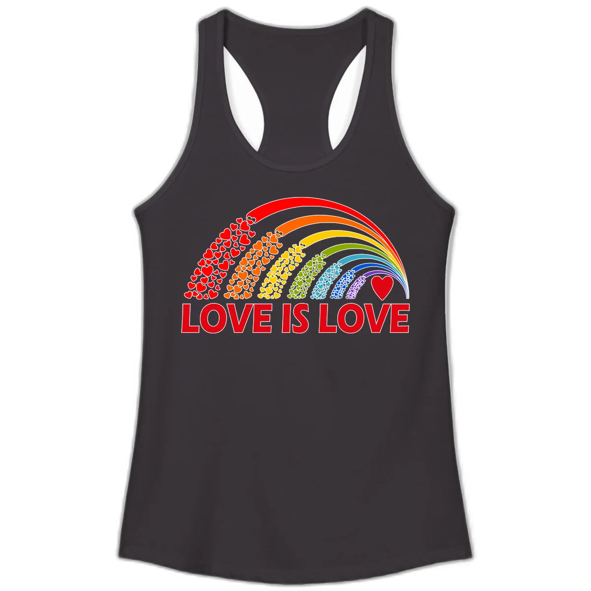 Rainbow arcs filled with colorful hearts in red, orange, yellow, green, cyan, blue, and purple, with 'LOVE IS LOVE' text below in Black