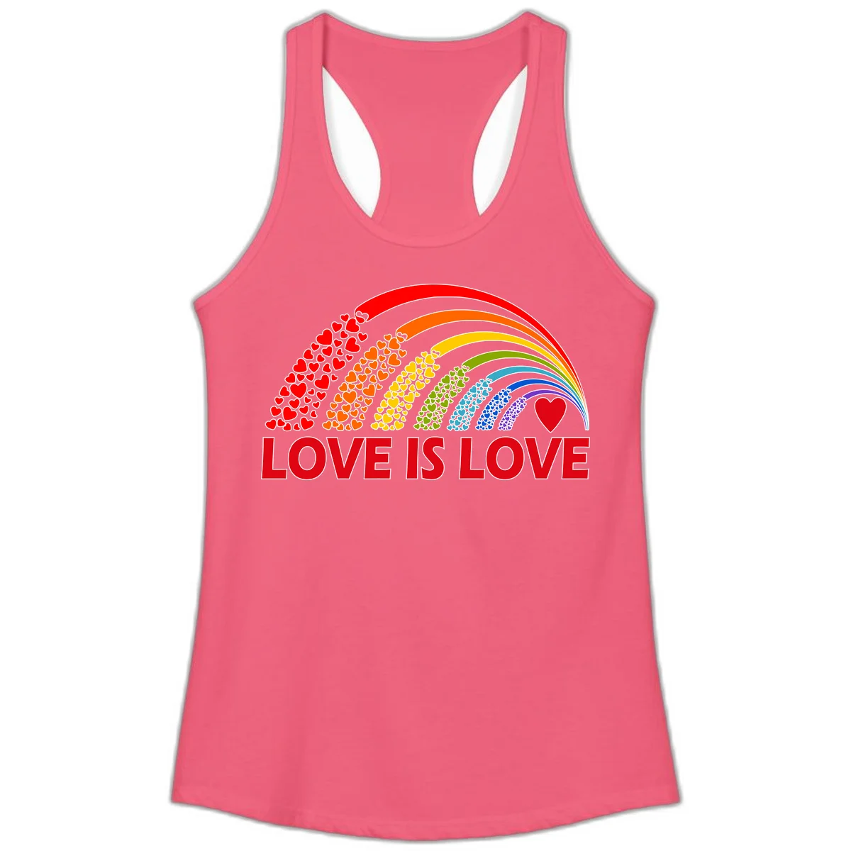 Rainbow arcs filled with colorful hearts in red, orange, yellow, green, cyan, blue, and purple, with 'LOVE IS LOVE' text below in Hot Pink