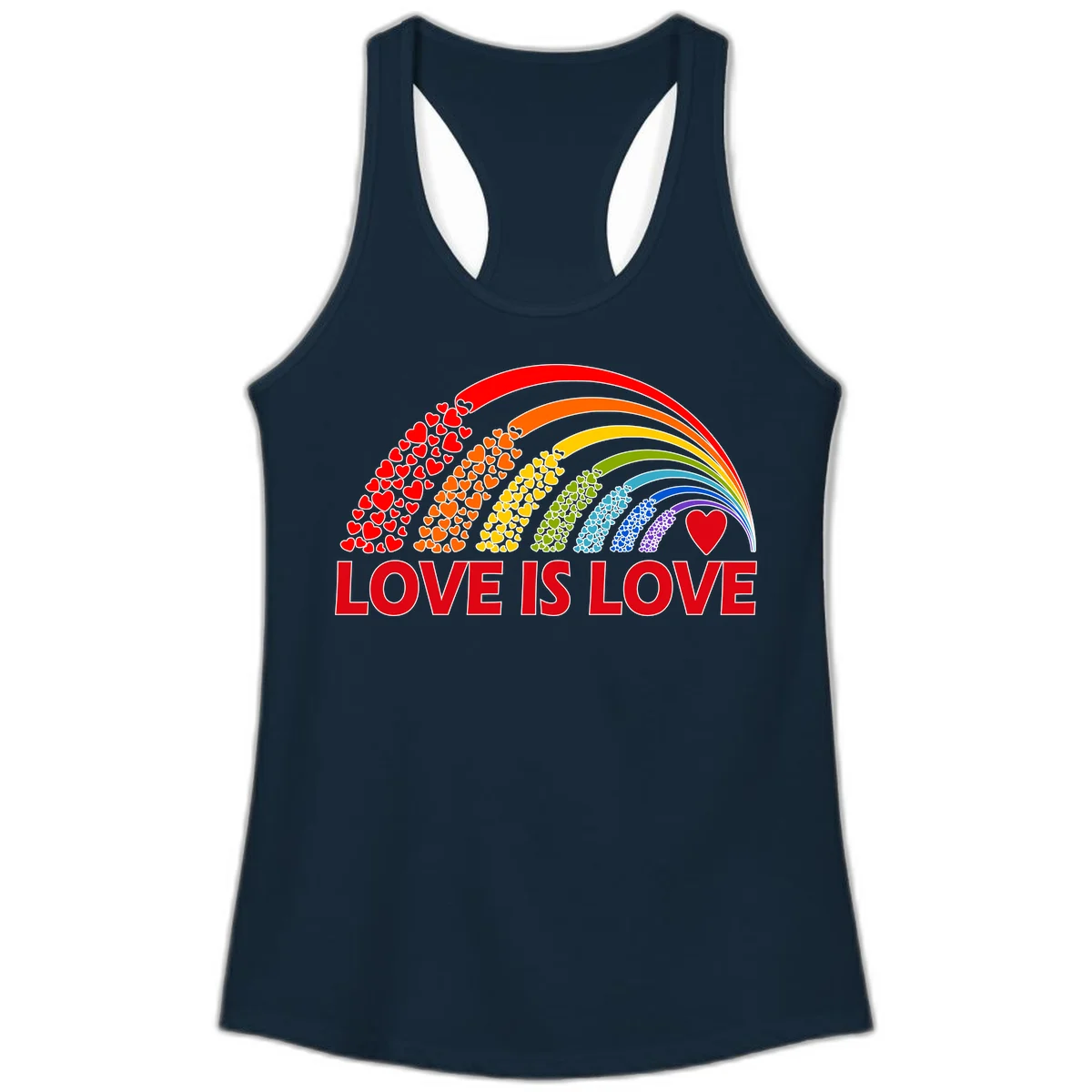 Rainbow arcs filled with colorful hearts in red, orange, yellow, green, cyan, blue, and purple, with 'LOVE IS LOVE' text below in Solid Midnight Navy