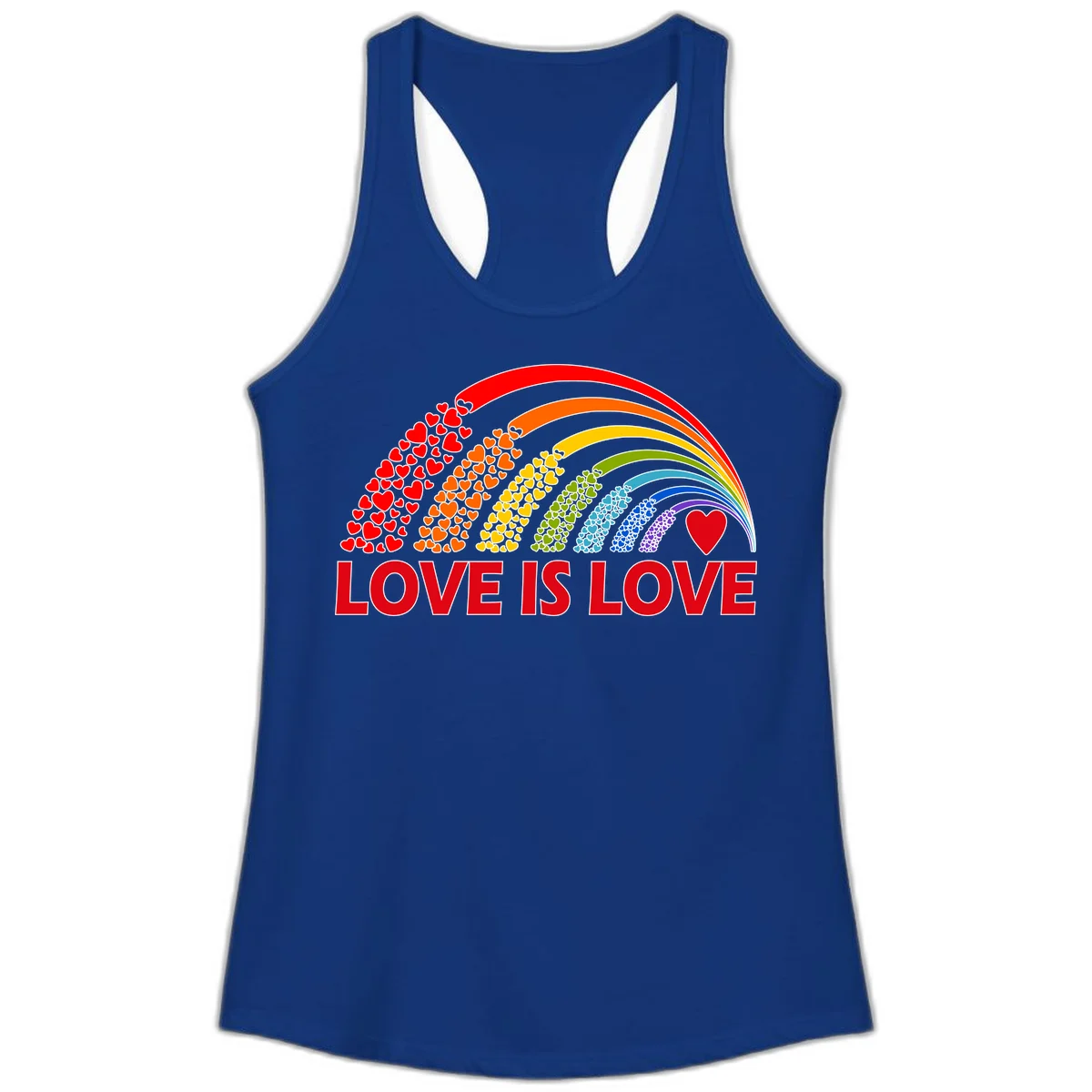 Rainbow arcs filled with colorful hearts in red, orange, yellow, green, cyan, blue, and purple, with 'LOVE IS LOVE' text below in Solid Royal