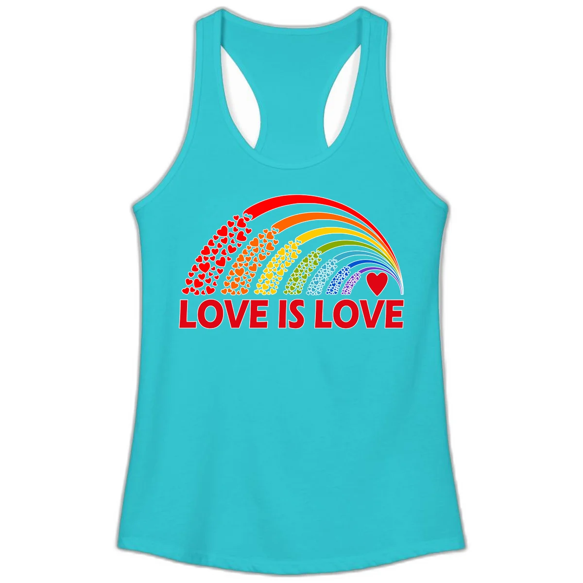 Rainbow arcs filled with colorful hearts in red, orange, yellow, green, cyan, blue, and purple, with 'LOVE IS LOVE' text below in Solid Tahiti Blue