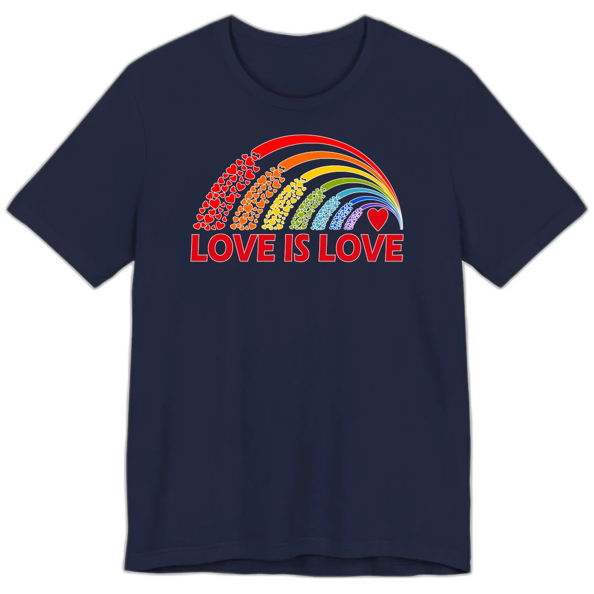 Rainbow arcs filled with colorful hearts in red, orange, yellow, green, cyan, blue, and purple, with 'LOVE IS LOVE' text below in Navy