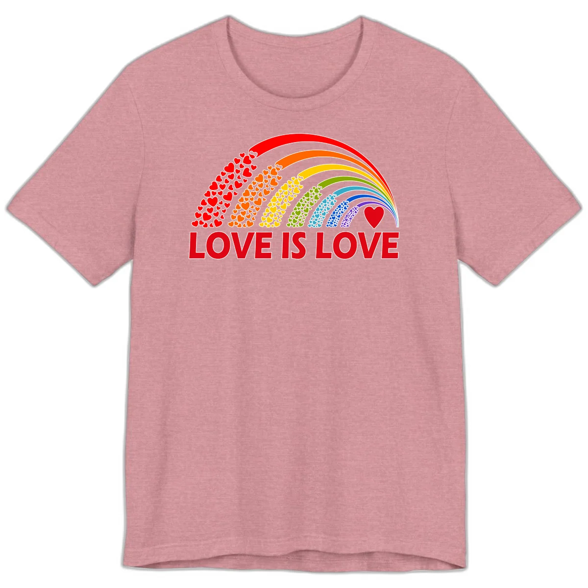 Rainbow arcs filled with colorful hearts in red, orange, yellow, green, cyan, blue, and purple, with 'LOVE IS LOVE' text below in Heather Orchid