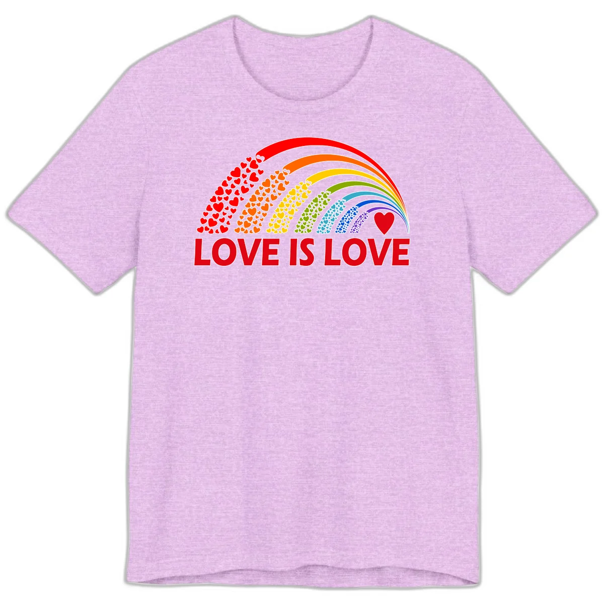 Rainbow arcs filled with colorful hearts in red, orange, yellow, green, cyan, blue, and purple, with 'LOVE IS LOVE' text below in Heather Prism Lilac