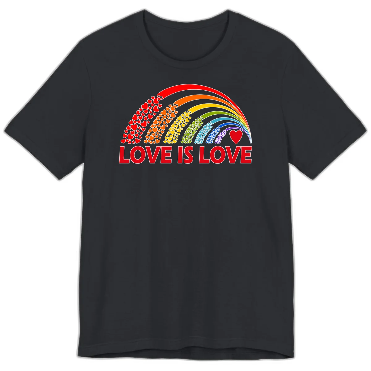 Rainbow arcs filled with colorful hearts in red, orange, yellow, green, cyan, blue, and purple, with 'LOVE IS LOVE' text below in Vintage Black