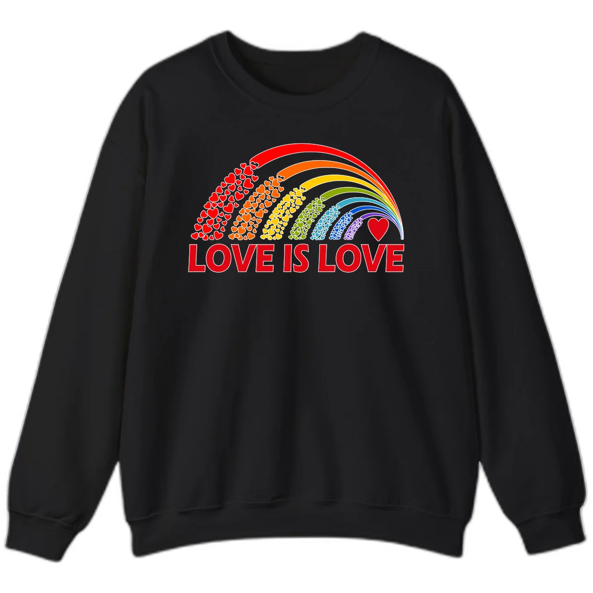 Rainbow arcs filled with colorful hearts in red, orange, yellow, green, cyan, blue, and purple, with 'LOVE IS LOVE' text below in Black