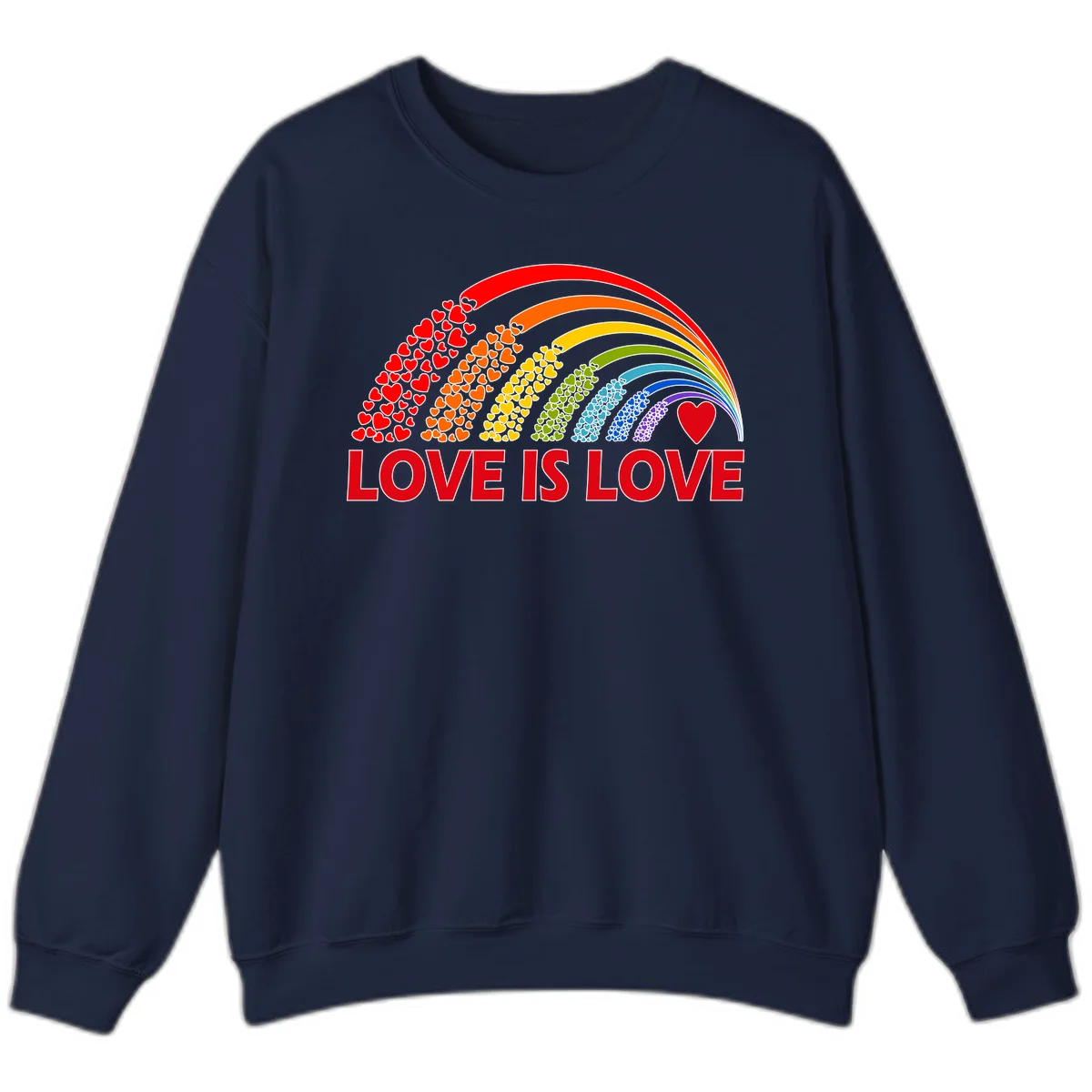 Rainbow arcs filled with colorful hearts in red, orange, yellow, green, cyan, blue, and purple, with 'LOVE IS LOVE' text below in Navy