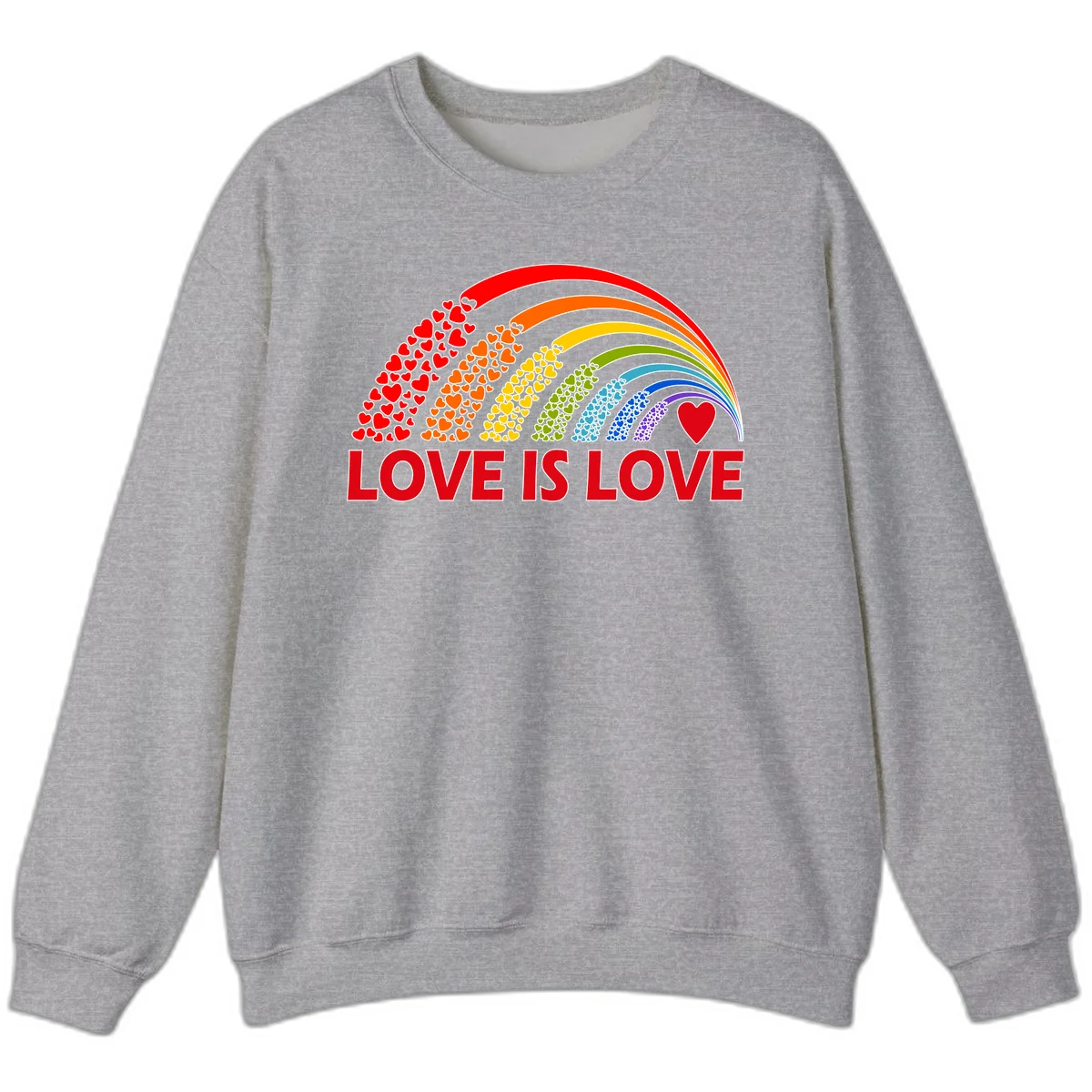 Rainbow arcs filled with colorful hearts in red, orange, yellow, green, cyan, blue, and purple, with 'LOVE IS LOVE' text below in Sport Grey