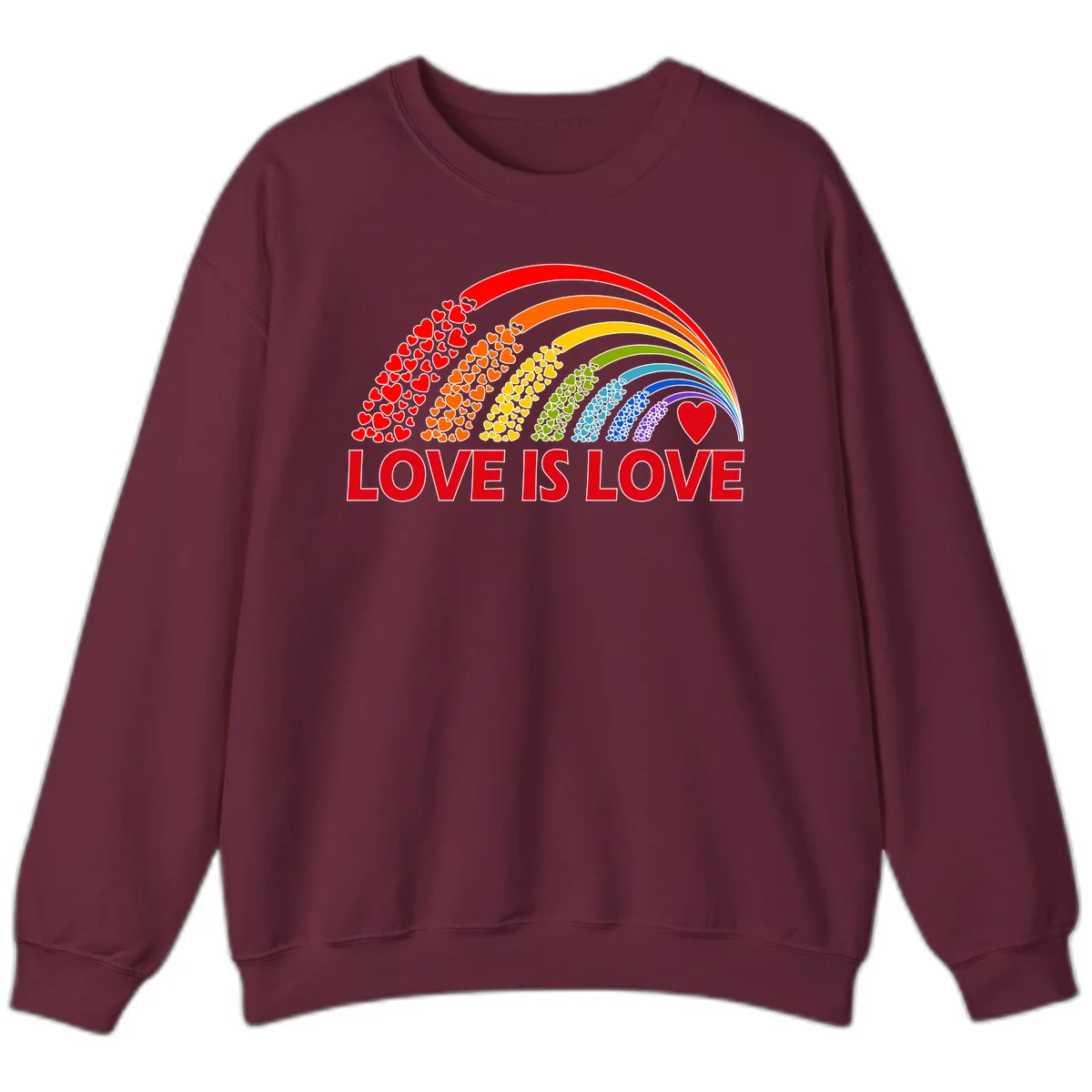 Rainbow arcs filled with colorful hearts in red, orange, yellow, green, cyan, blue, and purple, with 'LOVE IS LOVE' text below in Maroon
