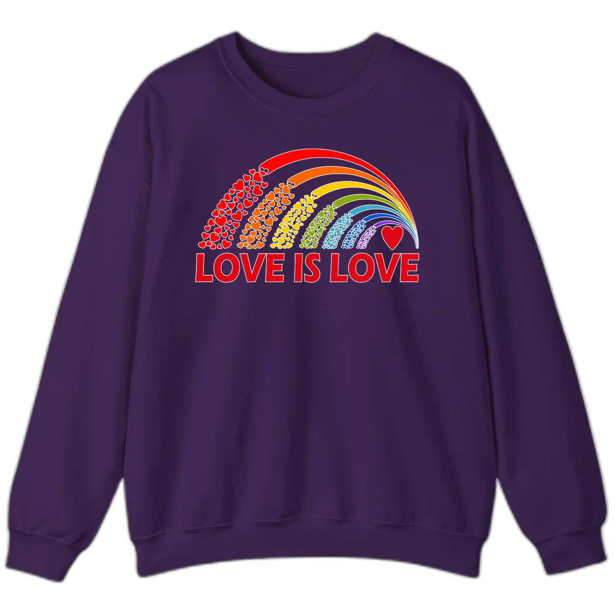 Rainbow arcs filled with colorful hearts in red, orange, yellow, green, cyan, blue, and purple, with 'LOVE IS LOVE' text below in Purple