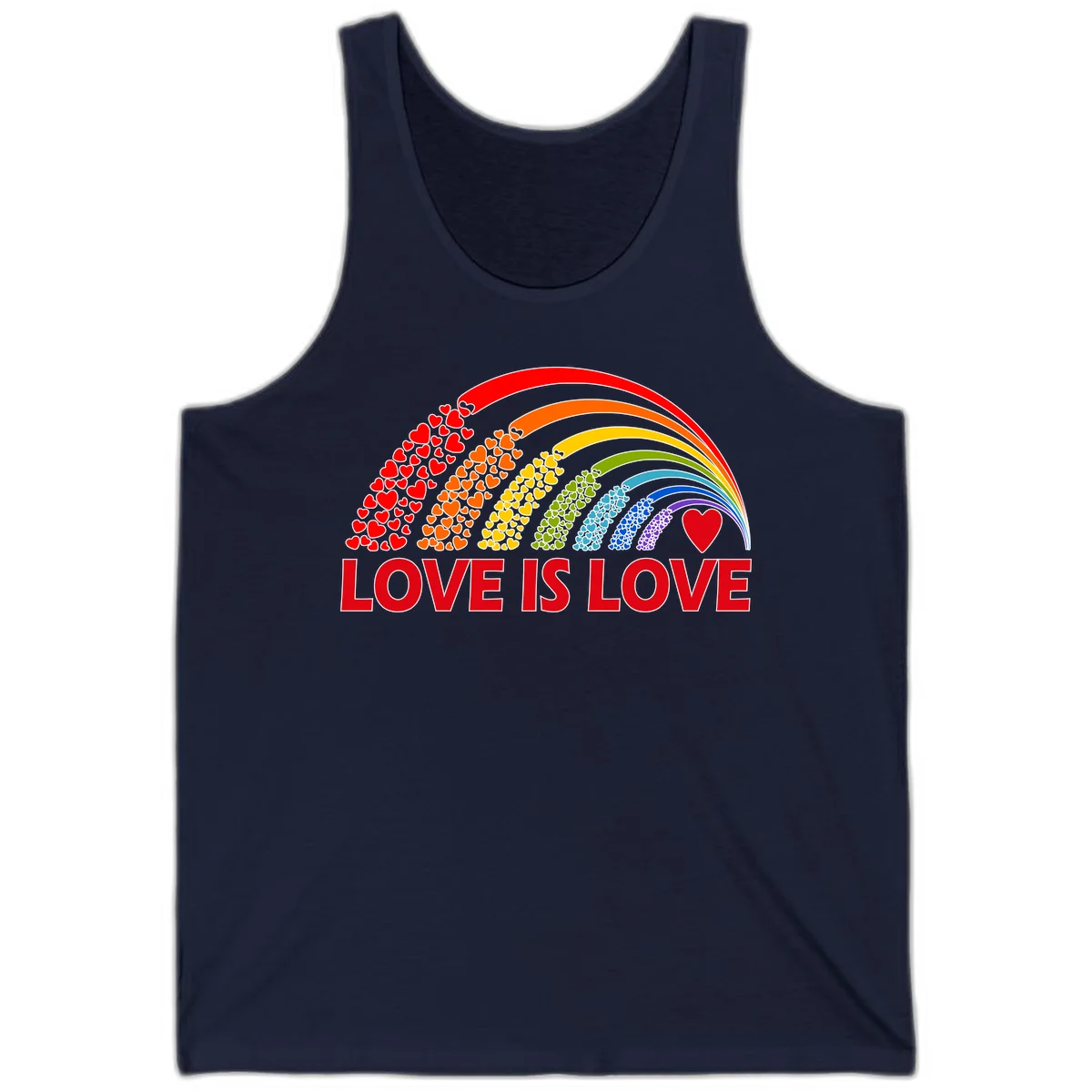Rainbow arcs filled with colorful hearts in red, orange, yellow, green, cyan, blue, and purple, with 'LOVE IS LOVE' text below in Navy