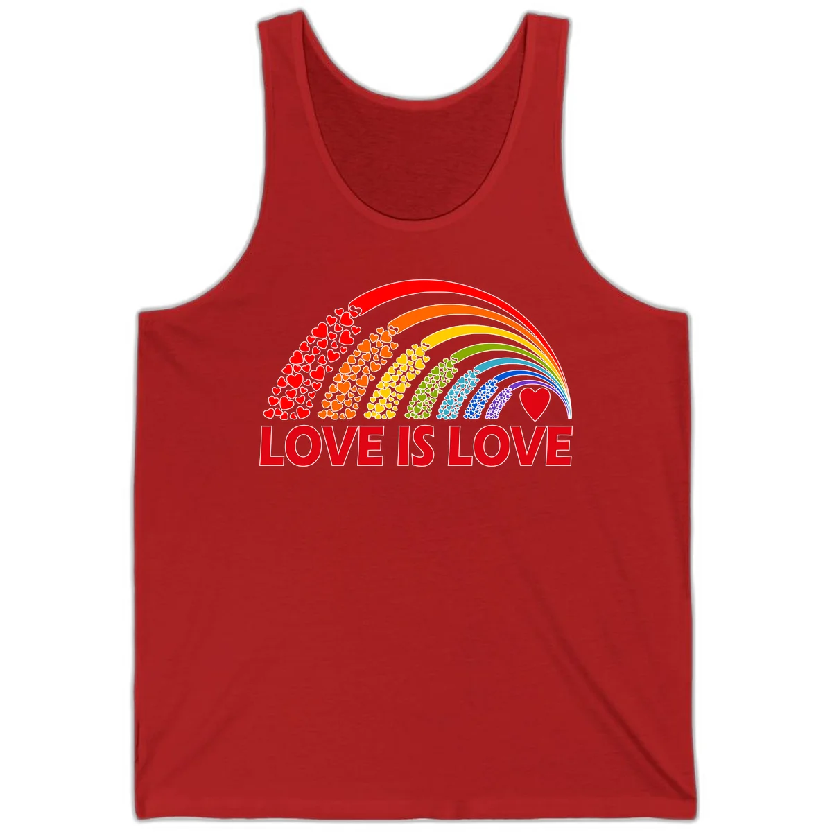 Rainbow arcs filled with colorful hearts in red, orange, yellow, green, cyan, blue, and purple, with 'LOVE IS LOVE' text below in Red