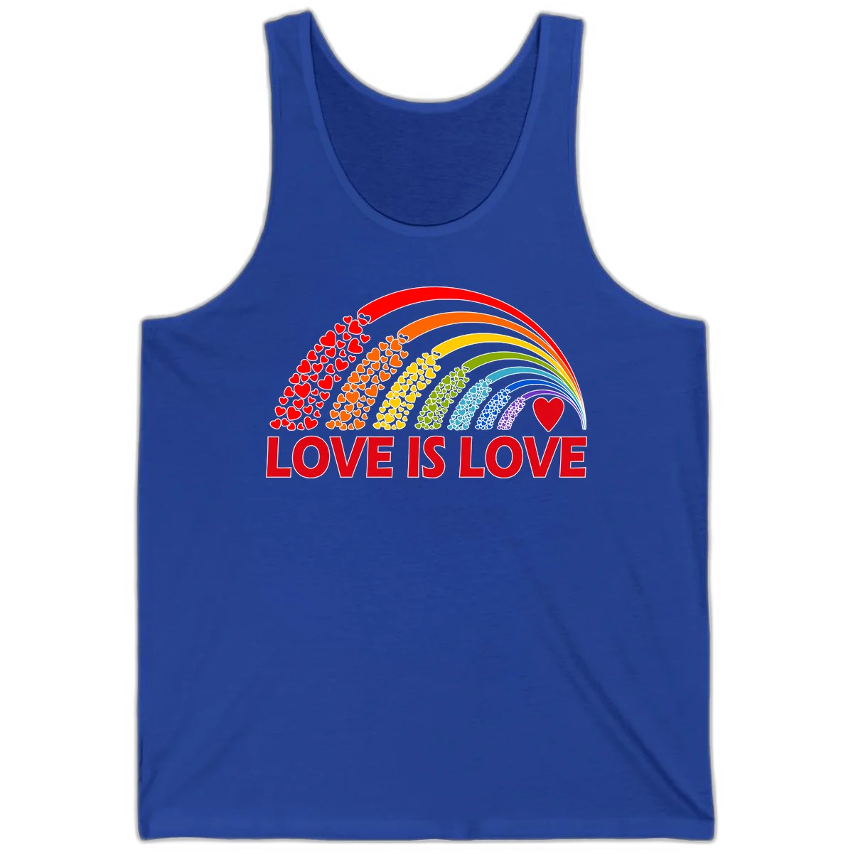 Rainbow arcs filled with colorful hearts in red, orange, yellow, green, cyan, blue, and purple, with 'LOVE IS LOVE' text below in True Royal