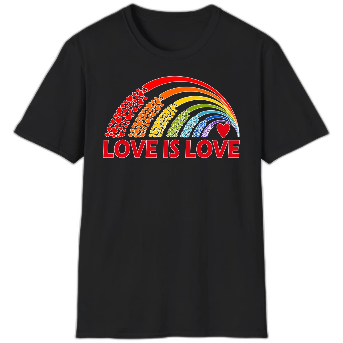 Rainbow arcs filled with colorful hearts in red, orange, yellow, green, cyan, blue, and purple, with 'LOVE IS LOVE' text below in Black