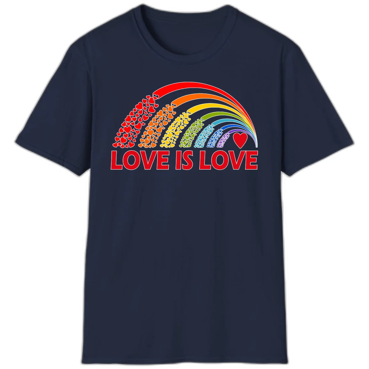Rainbow arcs filled with colorful hearts in red, orange, yellow, green, cyan, blue, and purple, with 'LOVE IS LOVE' text below in Navy