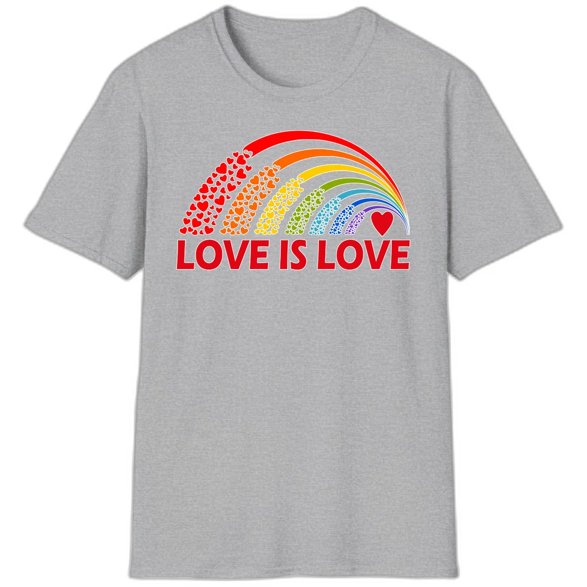 Rainbow arcs filled with colorful hearts in red, orange, yellow, green, cyan, blue, and purple, with 'LOVE IS LOVE' text below in Sport Grey