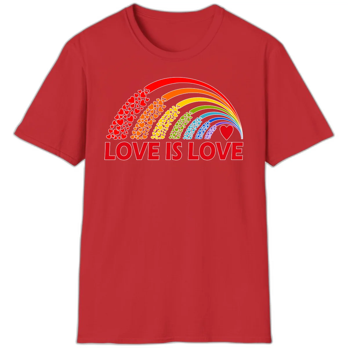 Rainbow arcs filled with colorful hearts in red, orange, yellow, green, cyan, blue, and purple, with 'LOVE IS LOVE' text below in Red
