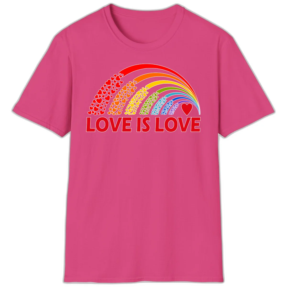Rainbow arcs filled with colorful hearts in red, orange, yellow, green, cyan, blue, and purple, with 'LOVE IS LOVE' text below in Heliconia