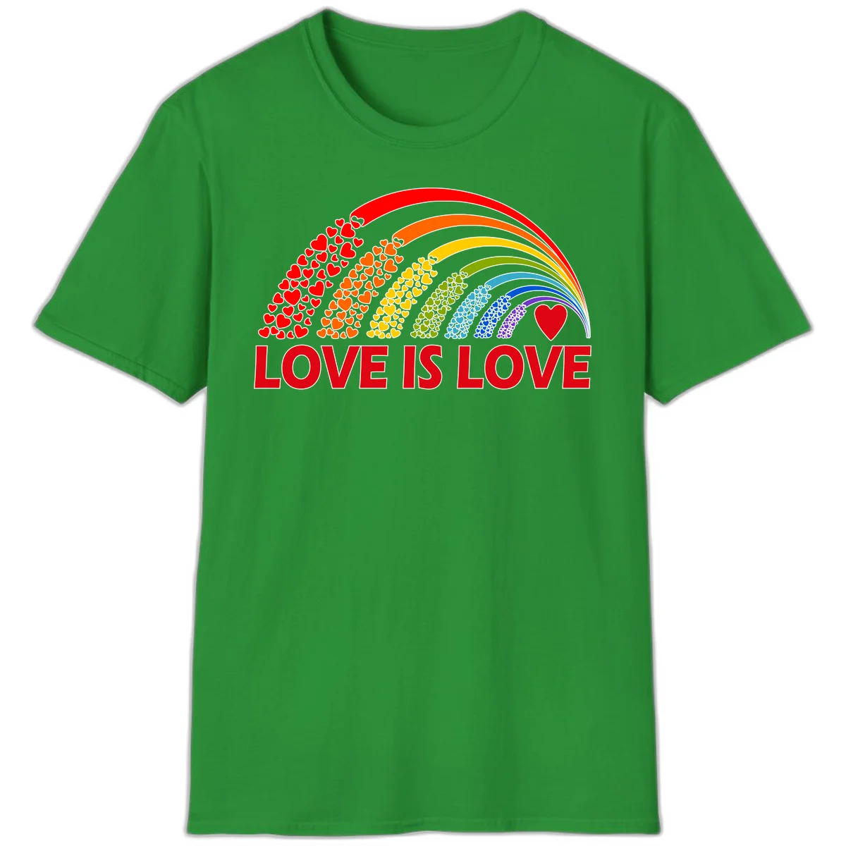 Rainbow arcs filled with colorful hearts in red, orange, yellow, green, cyan, blue, and purple, with 'LOVE IS LOVE' text below in Irish Green