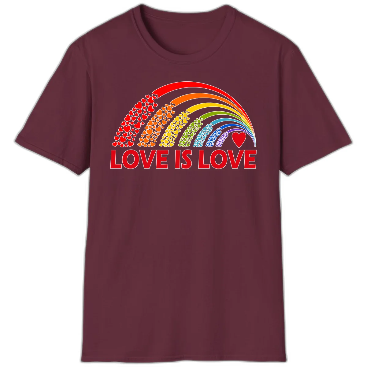 Rainbow arcs filled with colorful hearts in red, orange, yellow, green, cyan, blue, and purple, with 'LOVE IS LOVE' text below in Maroon