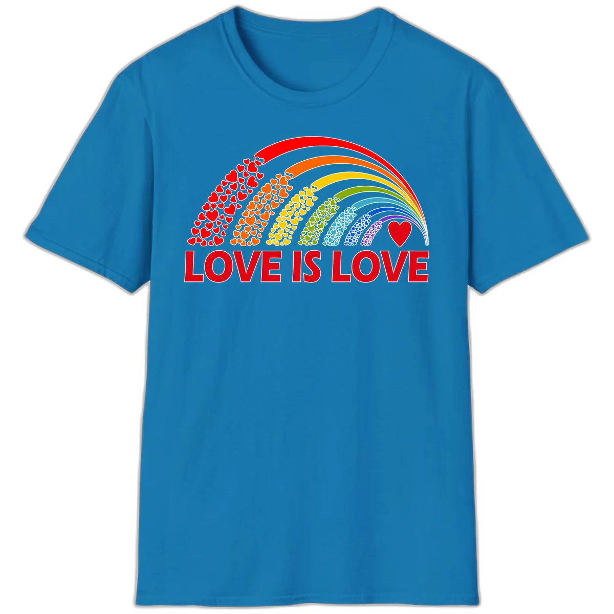Rainbow arcs filled with colorful hearts in red, orange, yellow, green, cyan, blue, and purple, with 'LOVE IS LOVE' text below in Sapphire