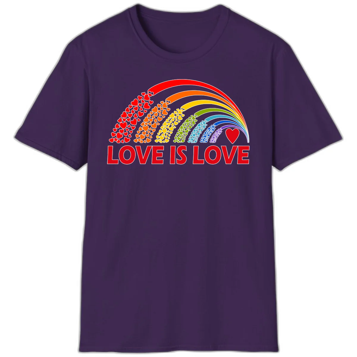 Rainbow arcs filled with colorful hearts in red, orange, yellow, green, cyan, blue, and purple, with 'LOVE IS LOVE' text below in Purple