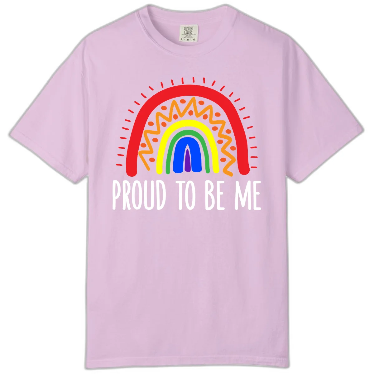 Colorful concentric rainbow arcs with radiating lines and zigzag patterns surrounding text that reads 'Proud To Be Me' in Orchid