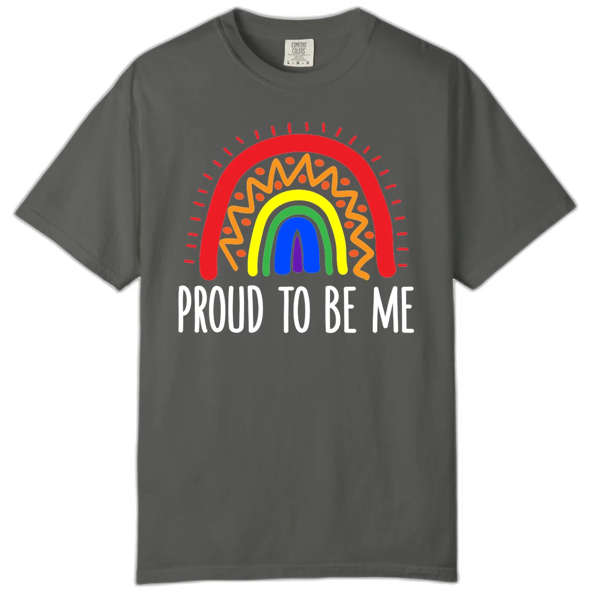 Colorful concentric rainbow arcs with radiating lines and zigzag patterns surrounding text that reads 'Proud To Be Me' in Pepper
