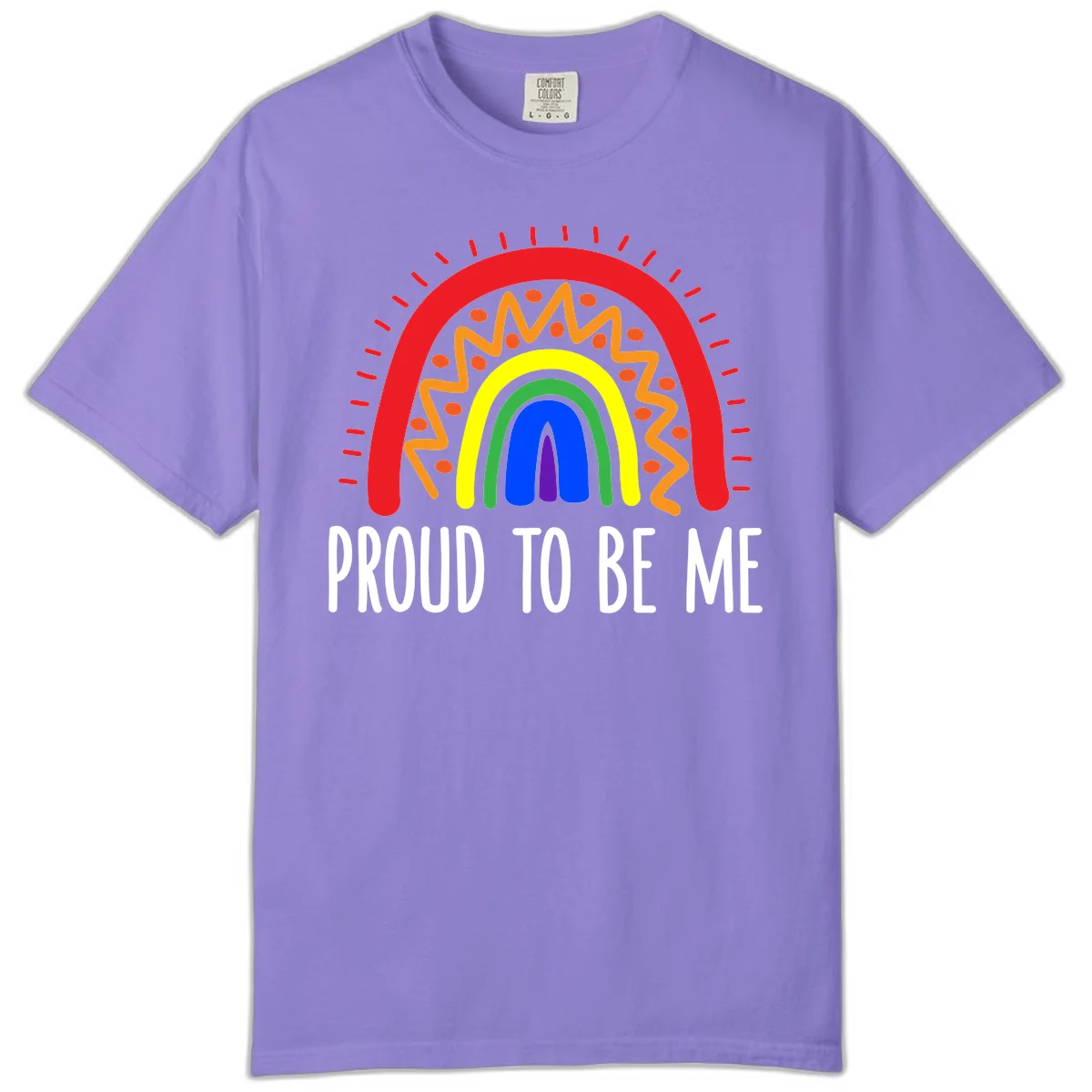 Colorful concentric rainbow arcs with radiating lines and zigzag patterns surrounding text that reads 'Proud To Be Me' in Violet