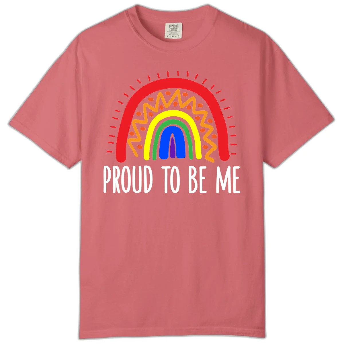 Colorful concentric rainbow arcs with radiating lines and zigzag patterns surrounding text that reads 'Proud To Be Me' in Watermelon
