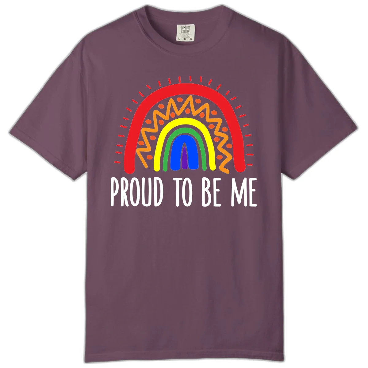 Colorful concentric rainbow arcs with radiating lines and zigzag patterns surrounding text that reads 'Proud To Be Me' in Berry