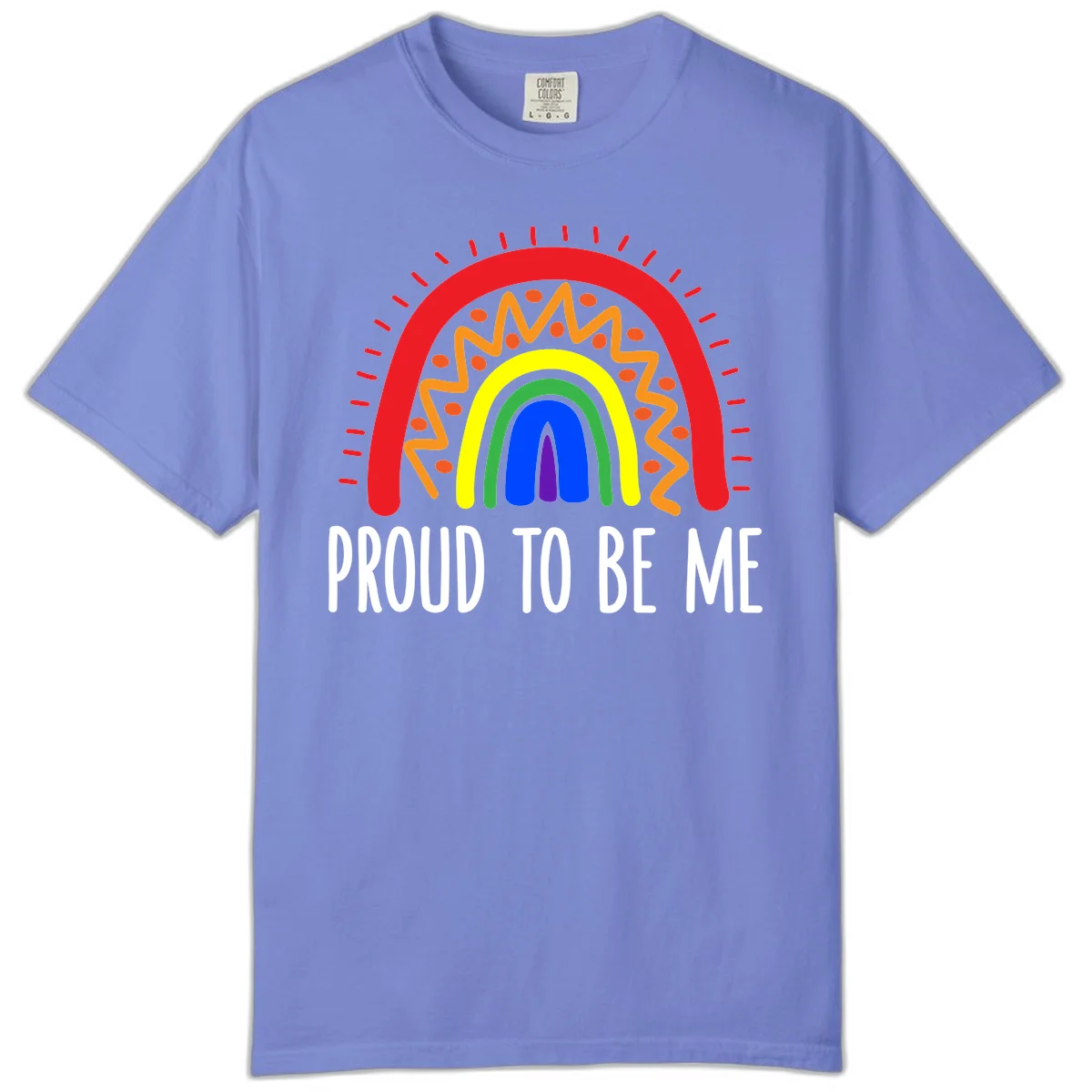 Colorful concentric rainbow arcs with radiating lines and zigzag patterns surrounding text that reads 'Proud To Be Me' in Flo Blue