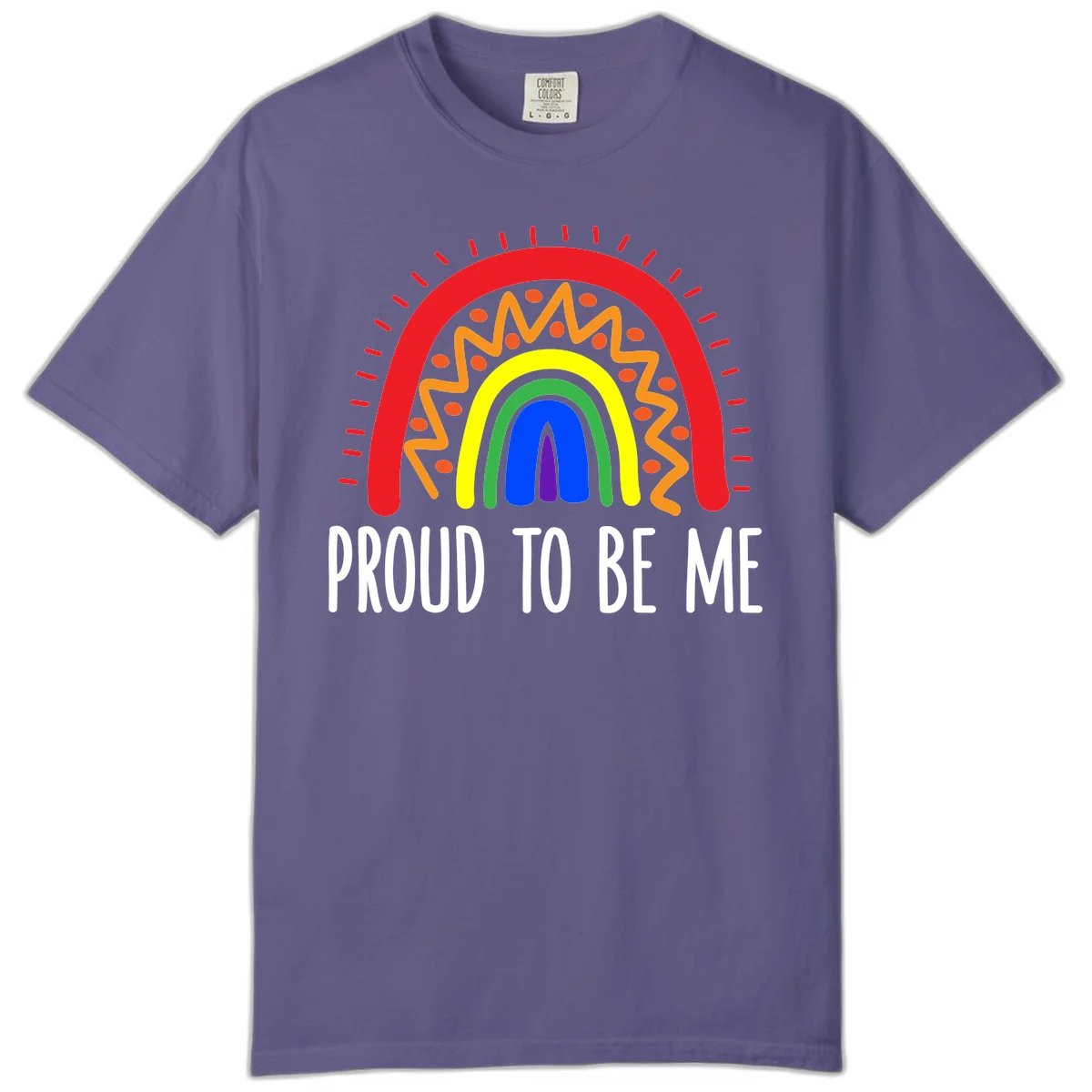 Colorful concentric rainbow arcs with radiating lines and zigzag patterns surrounding text that reads 'Proud To Be Me' in Grape