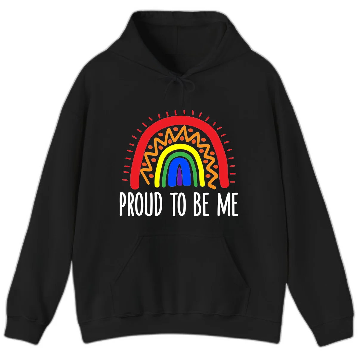 Colorful concentric rainbow arcs with radiating lines and zigzag patterns surrounding text that reads 'Proud To Be Me' in Black