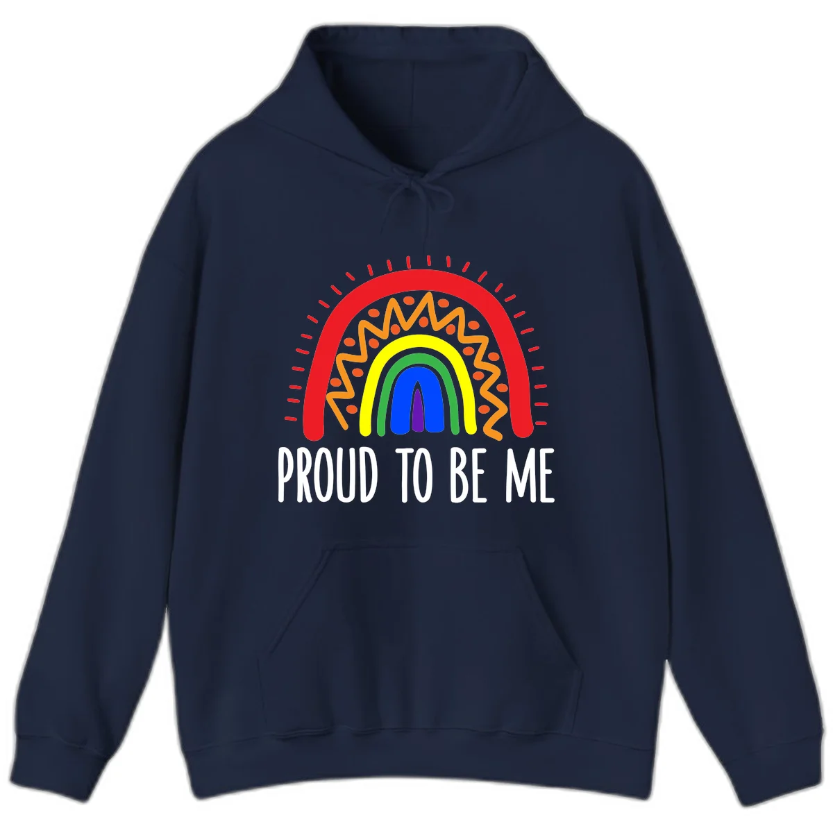 Colorful concentric rainbow arcs with radiating lines and zigzag patterns surrounding text that reads 'Proud To Be Me' in Navy