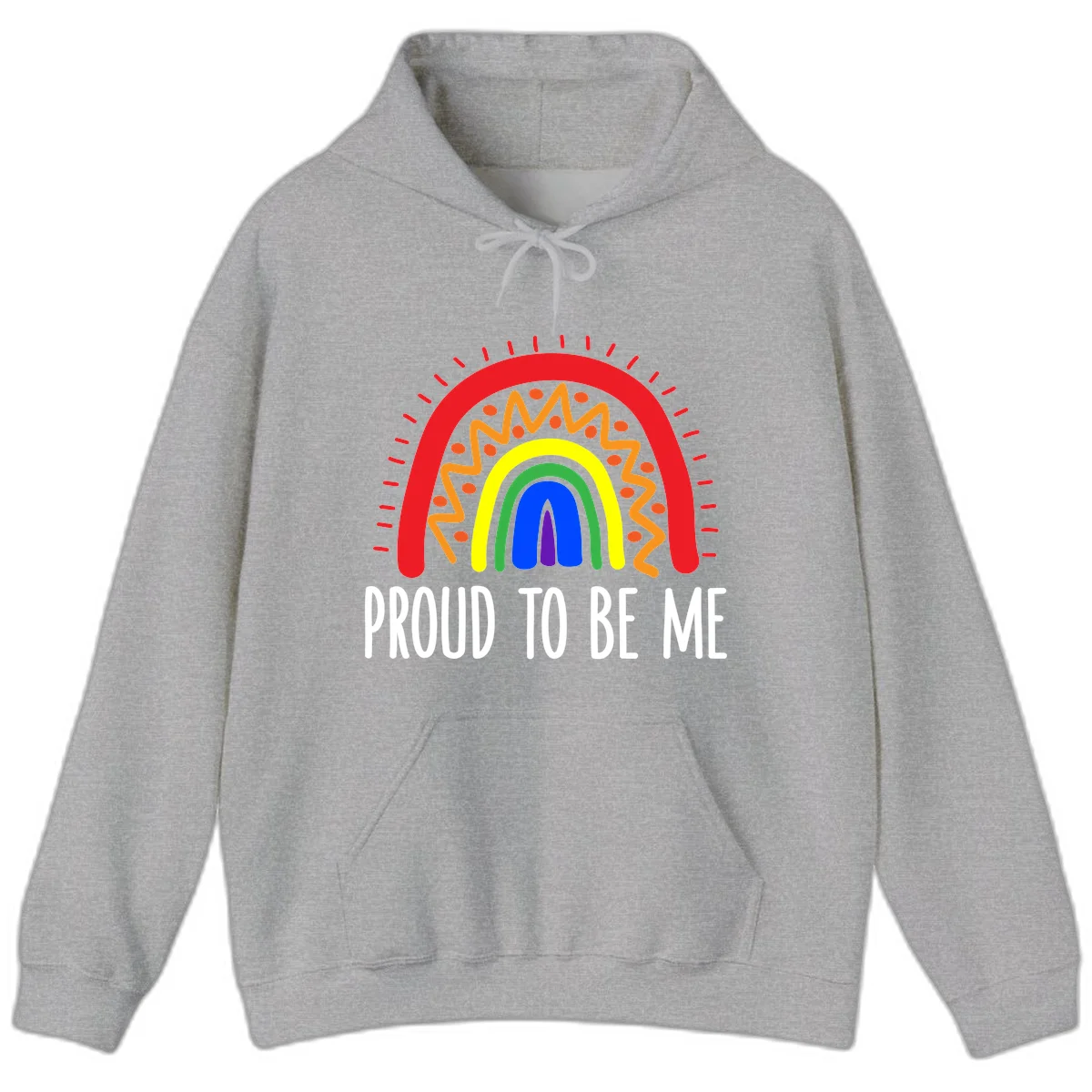 Colorful concentric rainbow arcs with radiating lines and zigzag patterns surrounding text that reads 'Proud To Be Me' in Sport Grey