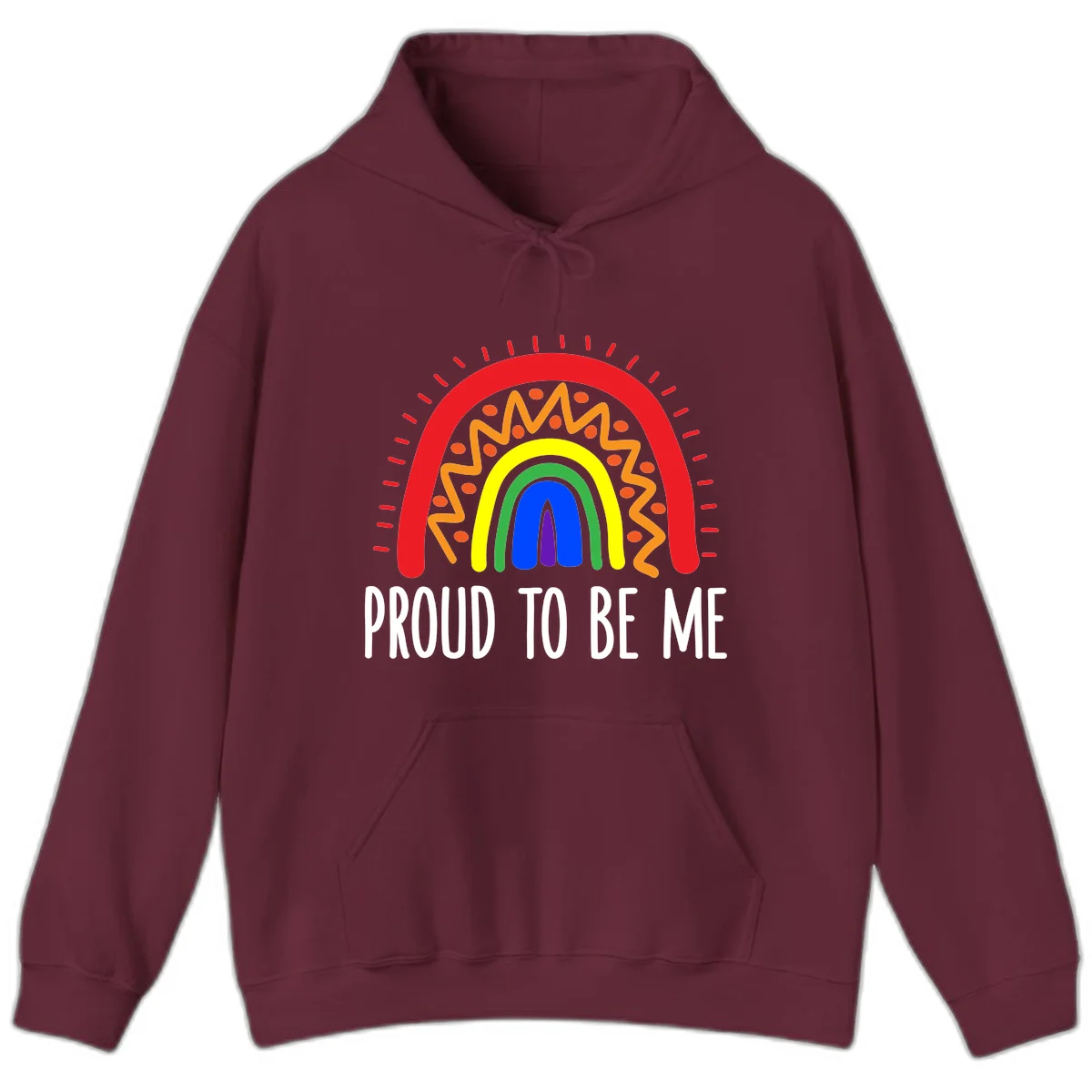Colorful concentric rainbow arcs with radiating lines and zigzag patterns surrounding text that reads 'Proud To Be Me' in Maroon