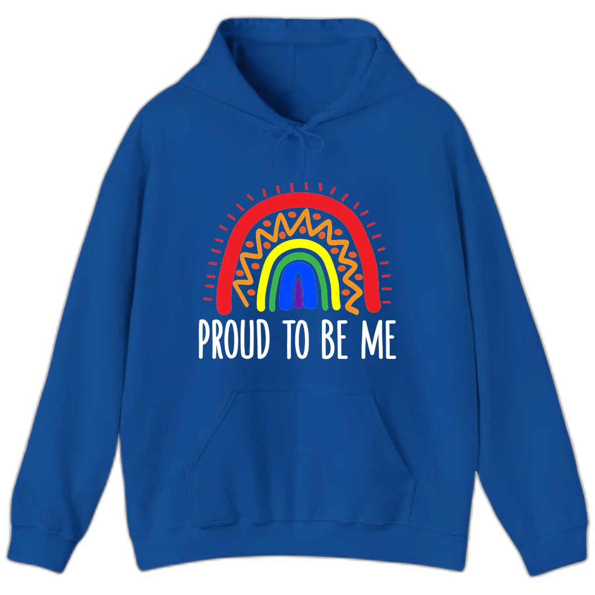 Colorful concentric rainbow arcs with radiating lines and zigzag patterns surrounding text that reads 'Proud To Be Me' in Royal