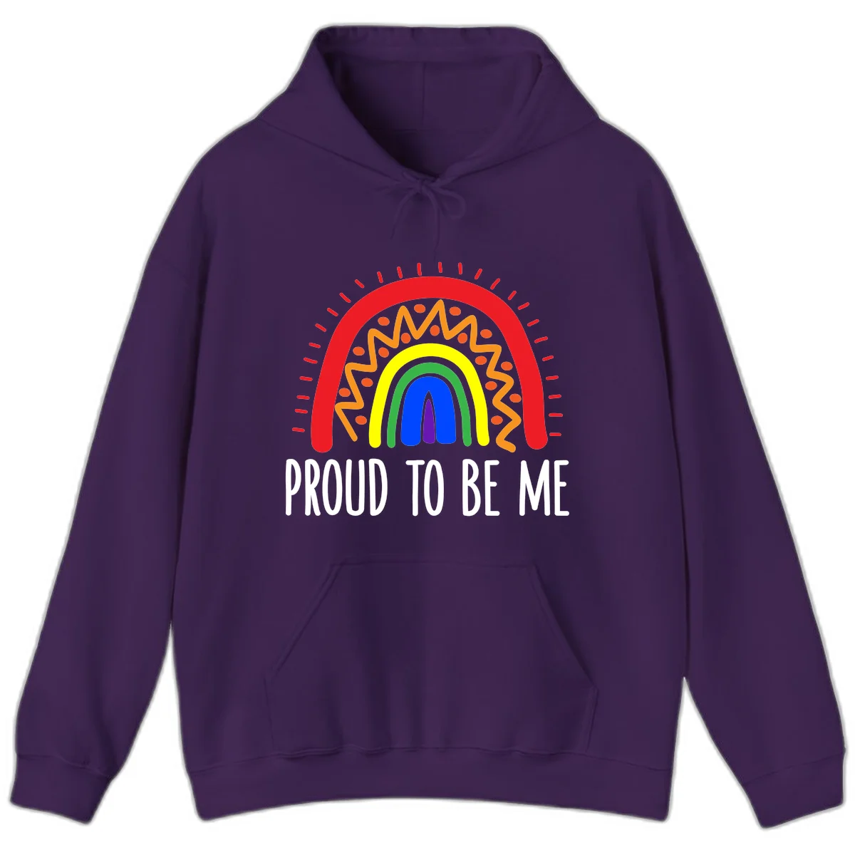 Colorful concentric rainbow arcs with radiating lines and zigzag patterns surrounding text that reads 'Proud To Be Me' in Purple
