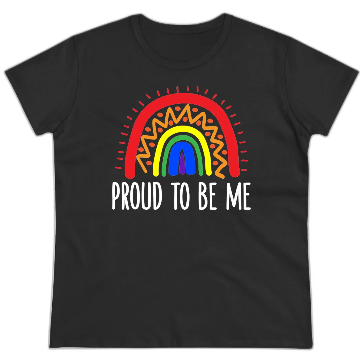 Colorful concentric rainbow arcs with radiating lines and zigzag patterns surrounding text that reads 'Proud To Be Me' in Black